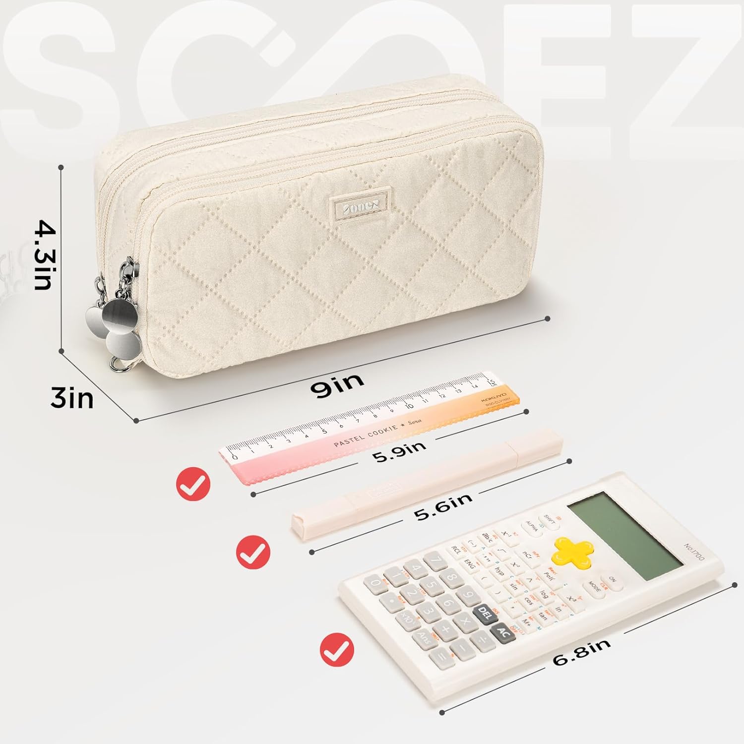 Sooez Cute Pencil Case. Aesthetic Pen Pencil Pouch. Extra Large Pencil Bag with Zipper. Special Pencil Holder Stationery Bag Marker Organizer. School Essentials Supplies for Girls Adult Teen. Beige - Image 5