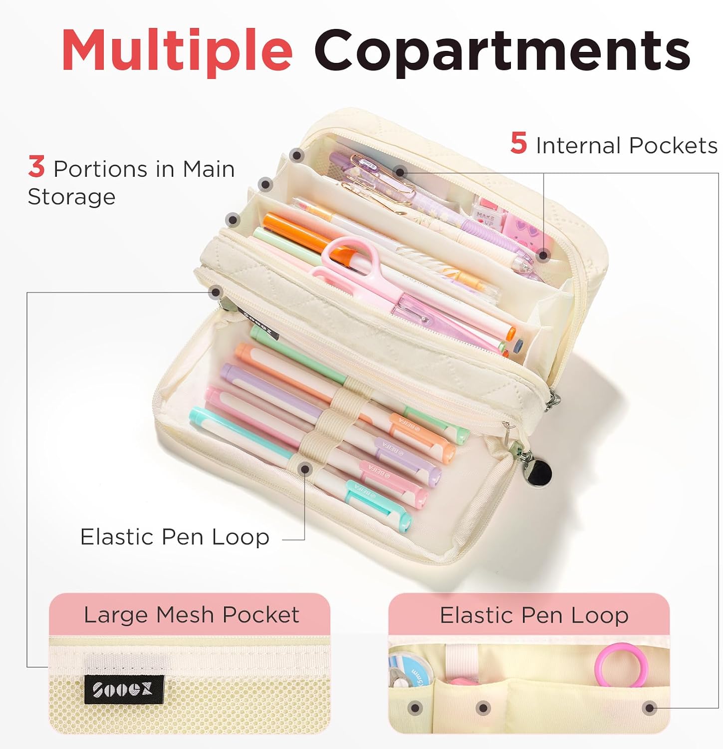 Sooez Cute Pencil Case. Aesthetic Pen Pencil Pouch. Extra Large Pencil Bag with Zipper. Special Pencil Holder Stationery Bag Marker Organizer. School Essentials Supplies for Girls Adult Teen. Beige - Image 4