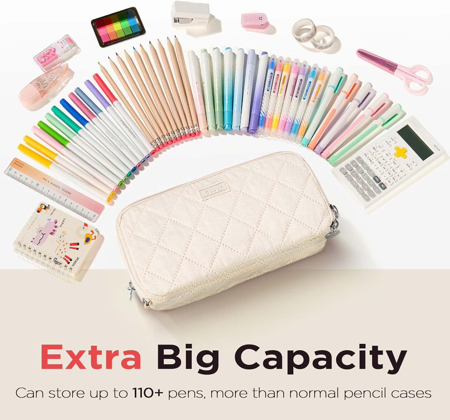 Sooez Cute Pencil Case. Aesthetic Pen Pencil Pouch. Extra Large Pencil Bag with Zipper. Special Pencil Holder Stationery Bag Marker Organizer. School Essentials Supplies for Girls Adult Teen. Beige - Image 3