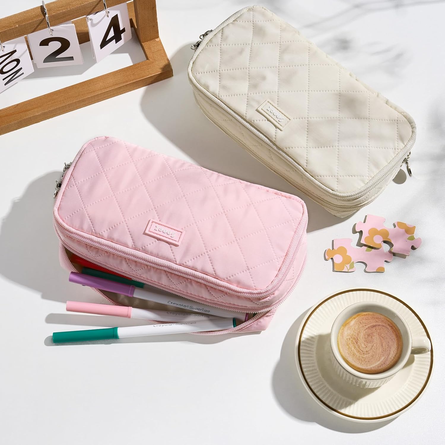 Sooez Cute Pencil Case. Aesthetic Pen Pencil Pouch. Extra Large Pencil Bag with Zipper. Special Pencil Holder Stationery Bag Marker Organizer. School Essentials Supplies for Girls Adult Teen. Beige - Image 6