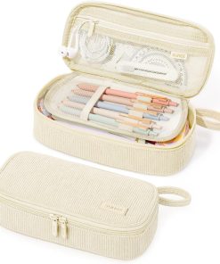 SUNEE Cute Pencil Case. Soft Corduroy Large Capacity Pencil Pouch. Aesthetic Zipper Pencil Bag. Big Storage Pen Organizer for Stationery. Pencil Box Back to School Supplies for Teen Girls Boys. Beige
