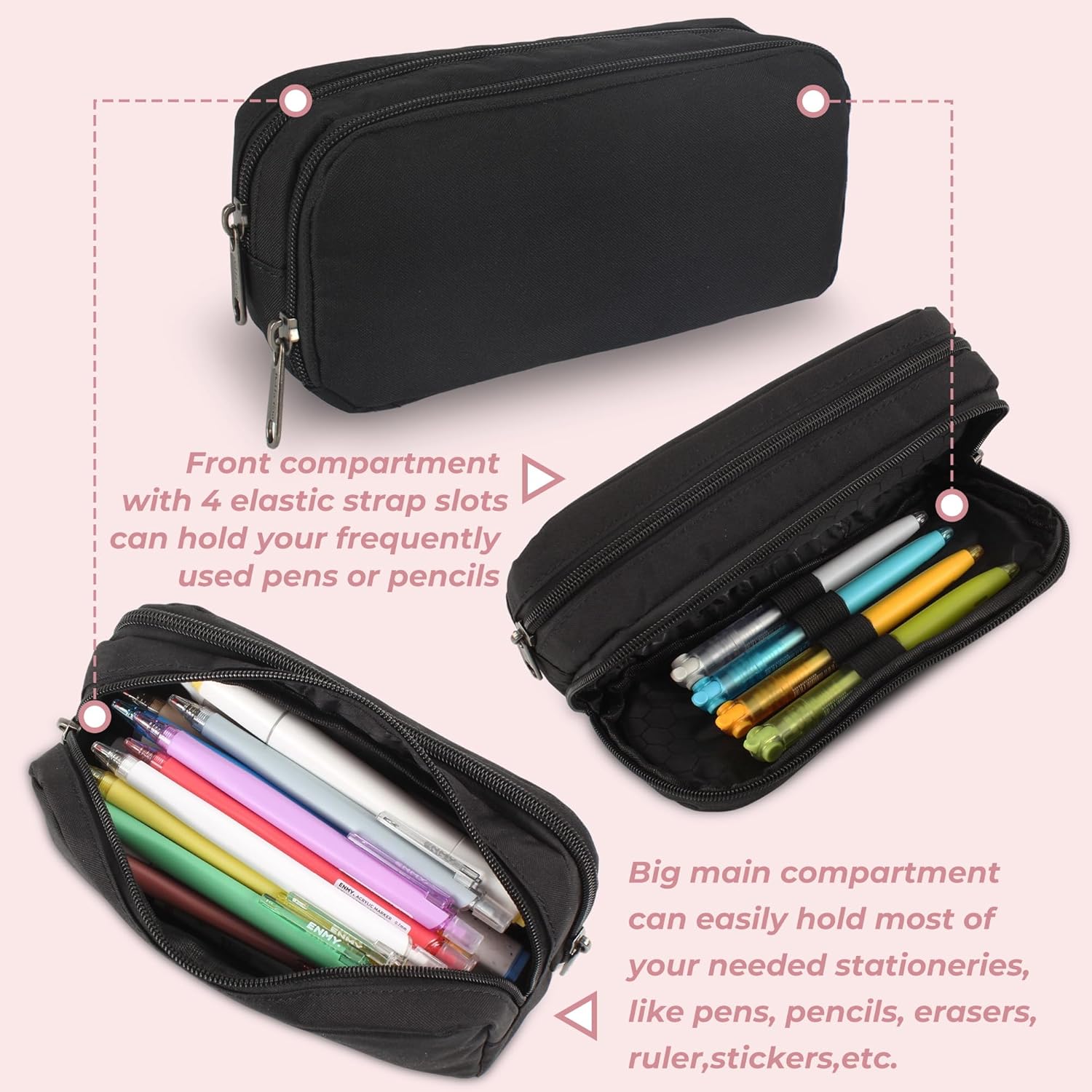 Della Gao Large Pencil Case. Big Capacity Pencil Pouch with 2 Compartments. Office Pencil Bag with Zipper. Big Pen Case for Adults (01-Black) - Image 2